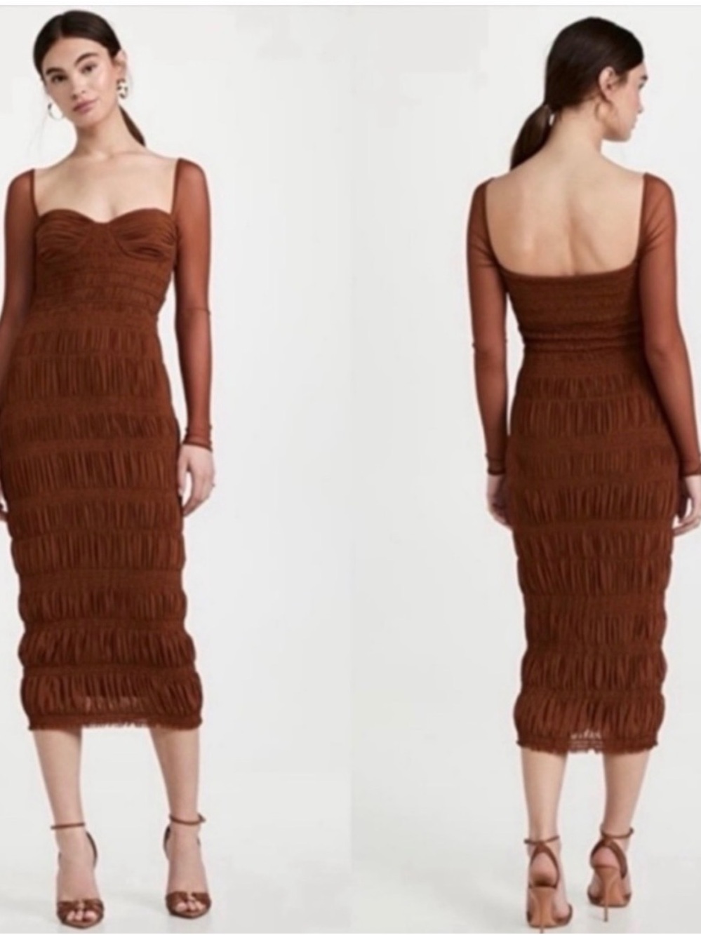 Self-Portrait Sheer-Sleeve Ruched Midi Dress Size 2